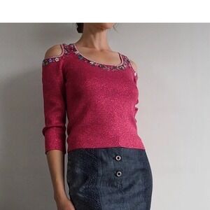BETSEY JOHNSON Pink Vintage Glitter Open Shoulder Top with Floral Details Sz L